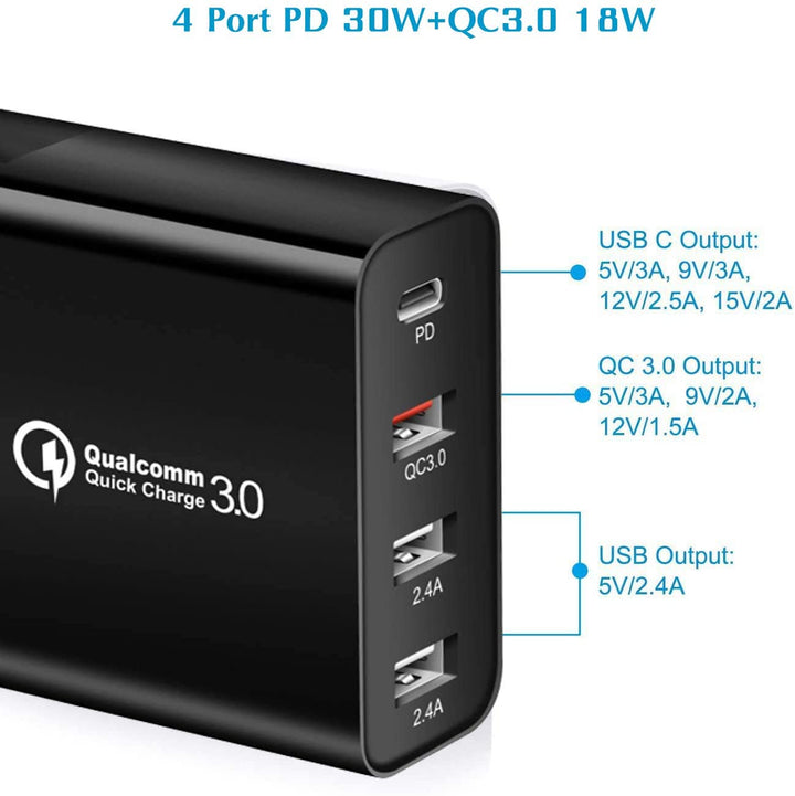 Caricabatterie 4 USB Ricarica Rapida 48W USB-C PD QC3.0 Adattatore da Viaggio EU US UK - HQtecno